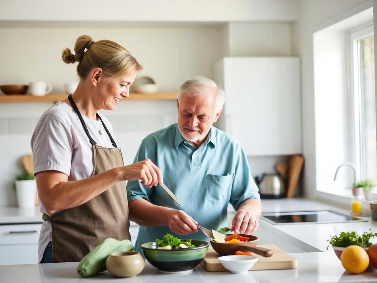 Préparation d'un repas équilibré à domicile par une intervenante Domus Care